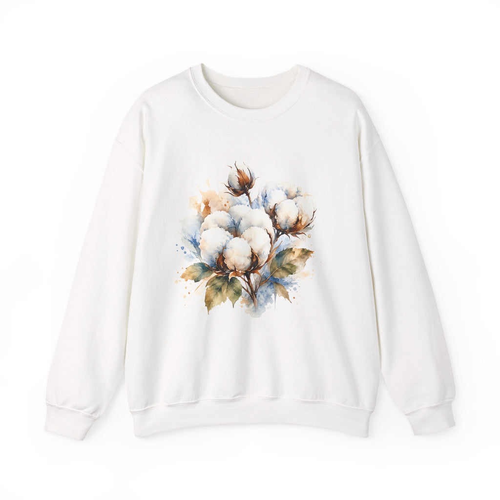 Cotton Blossom Crewneck Sweatshirt — Watercolor Cotton Plant Design