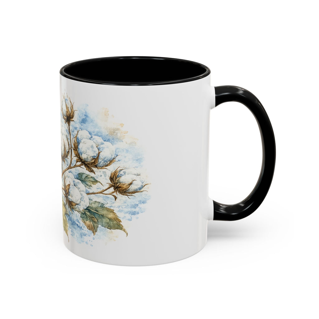 Cotton Branch Accent Coffee Mug — 11/15oz Ceramic Mug with Watercolor Cotton Floral Design