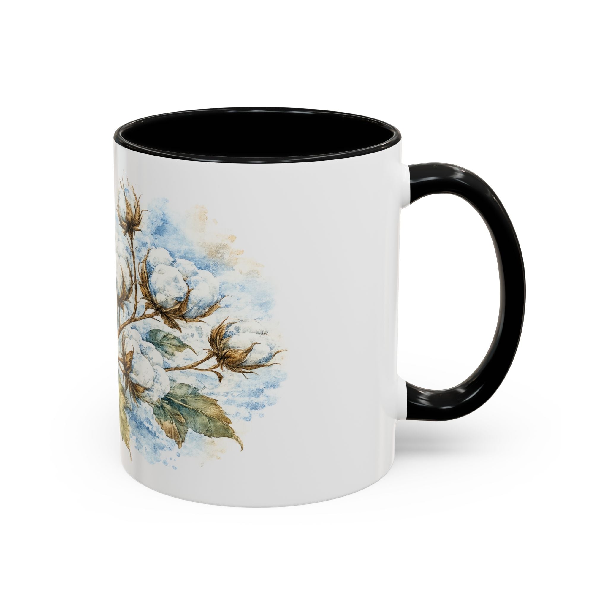 Cotton Branch Accent Coffee Mug — 11/15oz Ceramic Mug with Watercolor Cotton Floral Design