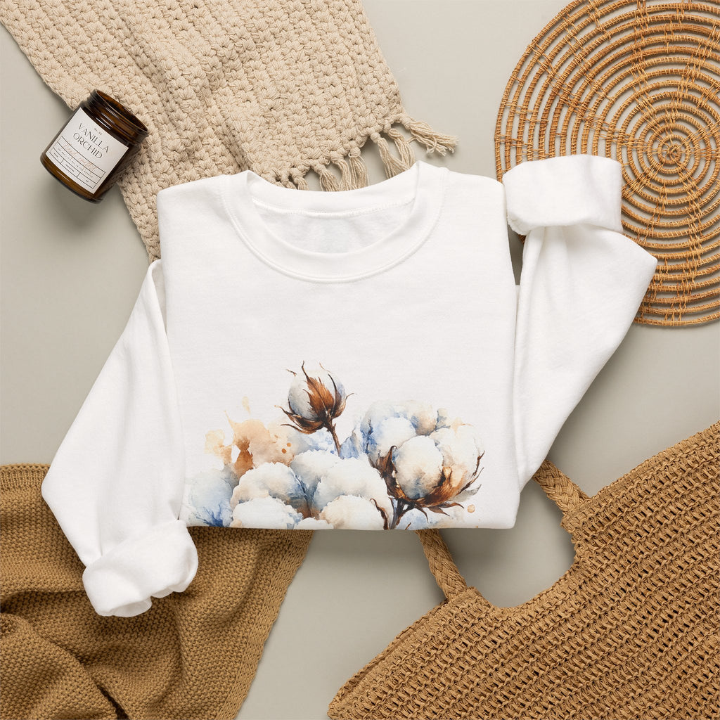 Cotton Blossom Crewneck Sweatshirt — Watercolor Cotton Plant Design