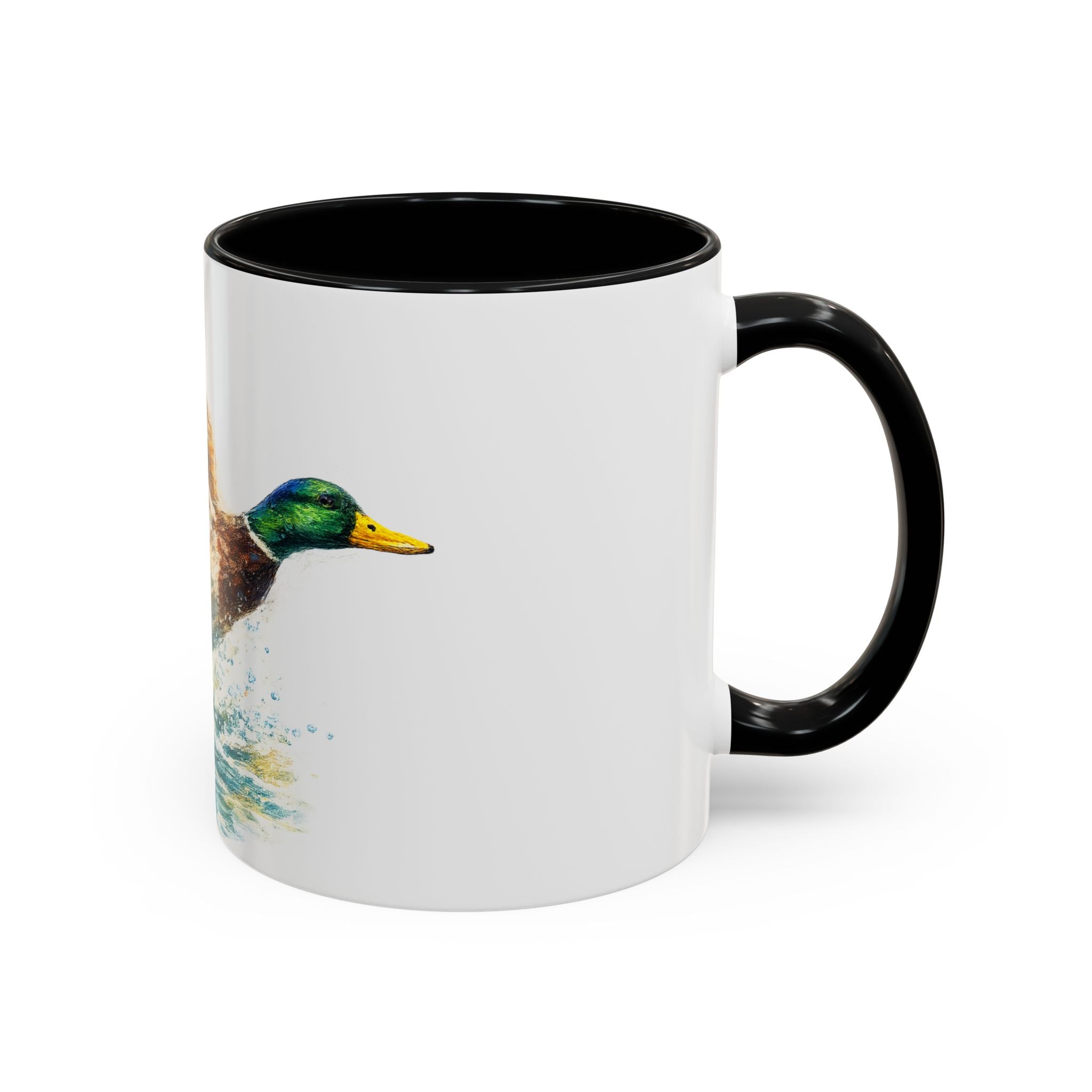 Mallard Duck Coffee Mug — Flying Watercolor Accent Mug (11/15 oz)