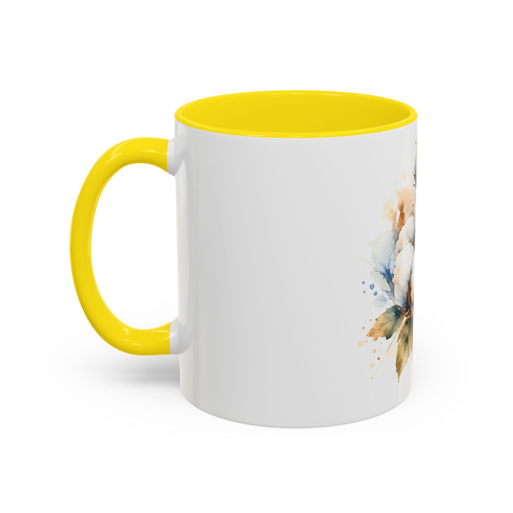 Cotton Bloom Accent Coffee Mug — Watercolor Cotton Plant Design (11/15oz)