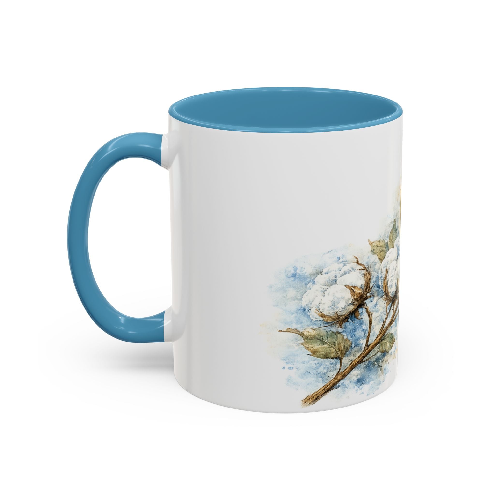Cotton Branch Accent Coffee Mug — 11/15oz Ceramic Mug with Watercolor Cotton Floral Design