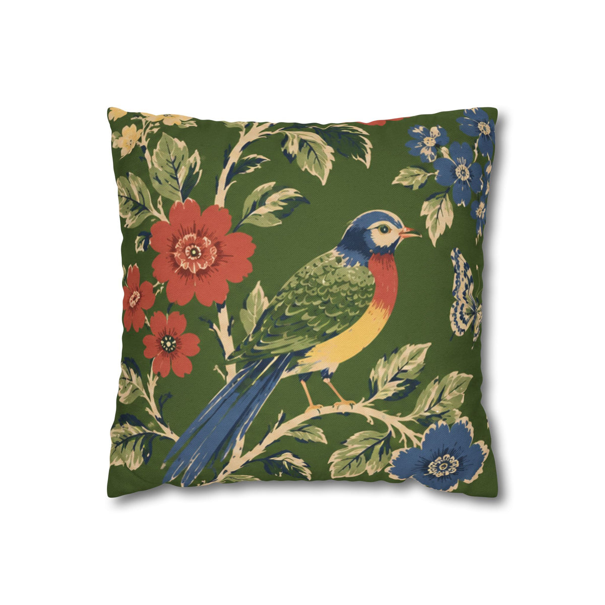 Tropical Bird Floral Pillowcase — Green Vintage Parrot Decorative Square Pillow Cover