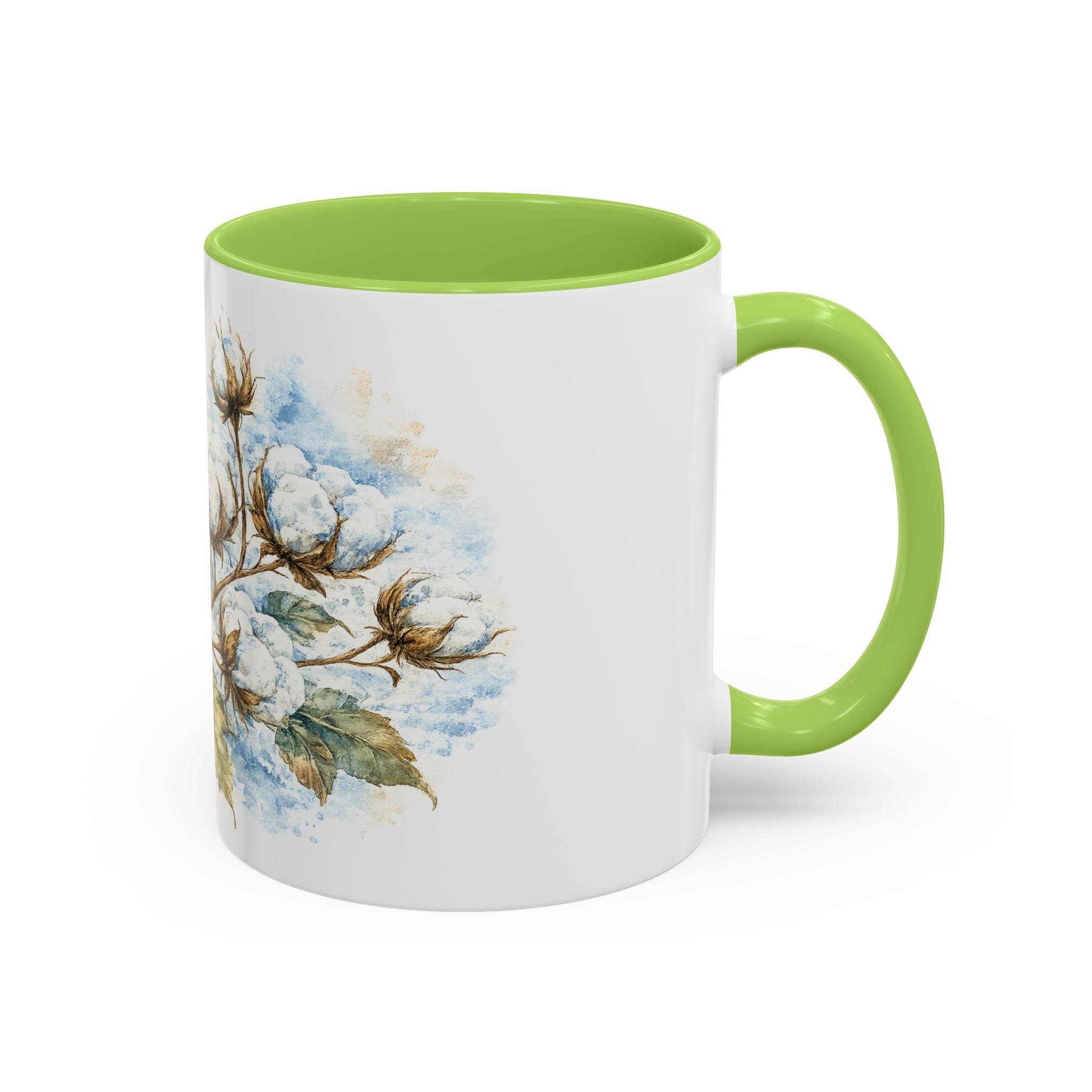 Cotton Branch Accent Coffee Mug — 11/15oz Ceramic Mug with Watercolor Cotton Floral Design
