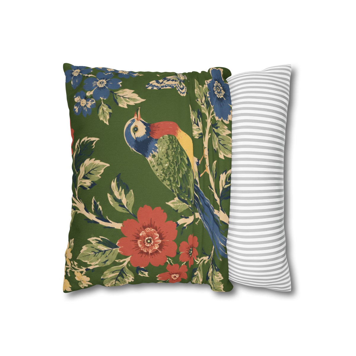 Tropical Bird Floral Pillowcase — Green Vintage Parrot Decorative Square Pillow Cover