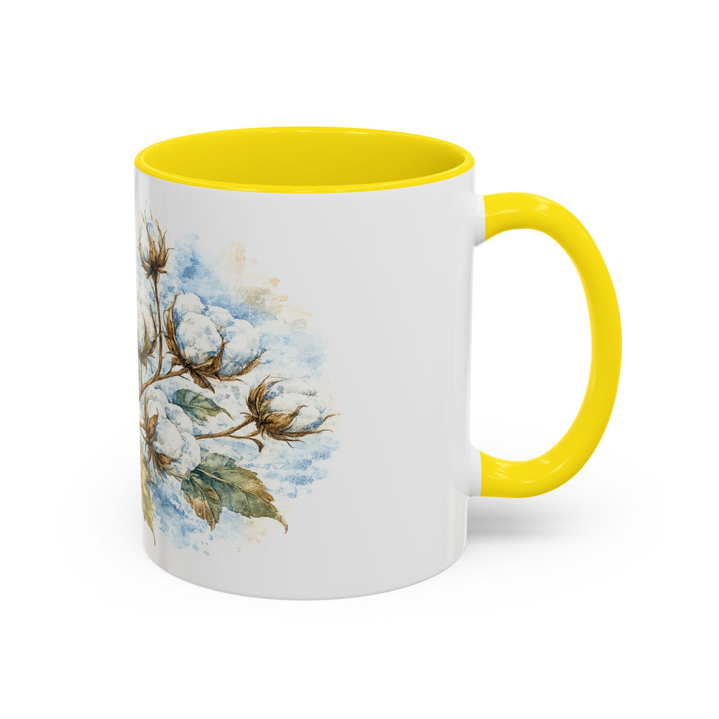 Cotton Branch Accent Coffee Mug — 11/15oz Ceramic Mug with Watercolor Cotton Floral Design