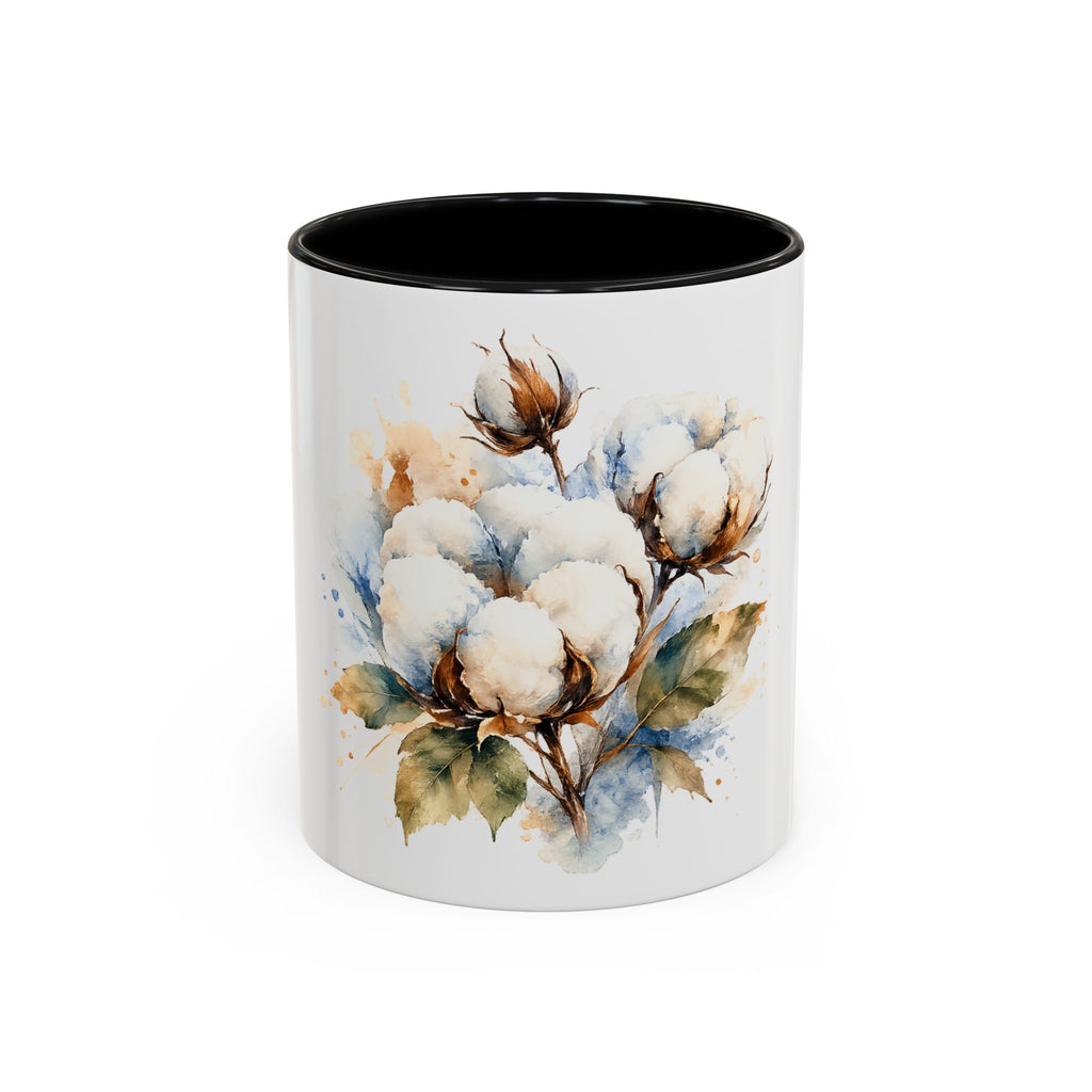 Cotton Bloom Accent Coffee Mug — Watercolor Cotton Plant Design (11/15oz)