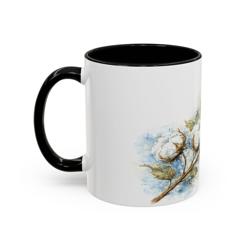 Cotton Branch Accent Coffee Mug — 11/15oz Ceramic Mug with Watercolor Cotton Floral Design