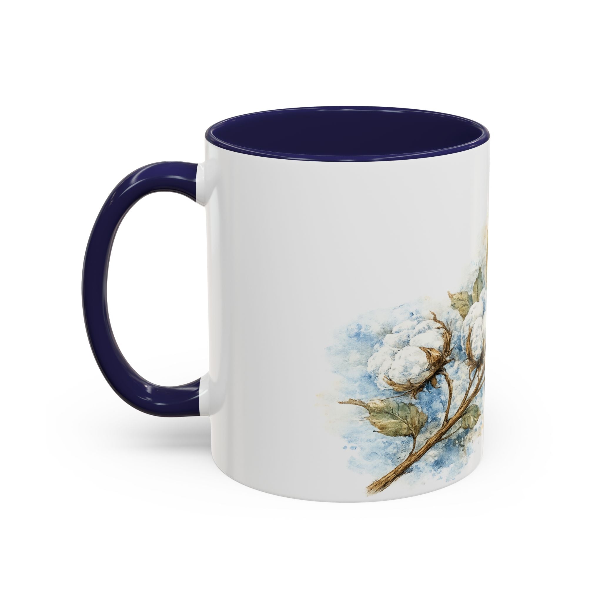 Cotton Branch Accent Coffee Mug — 11/15oz Ceramic Mug with Watercolor Cotton Floral Design