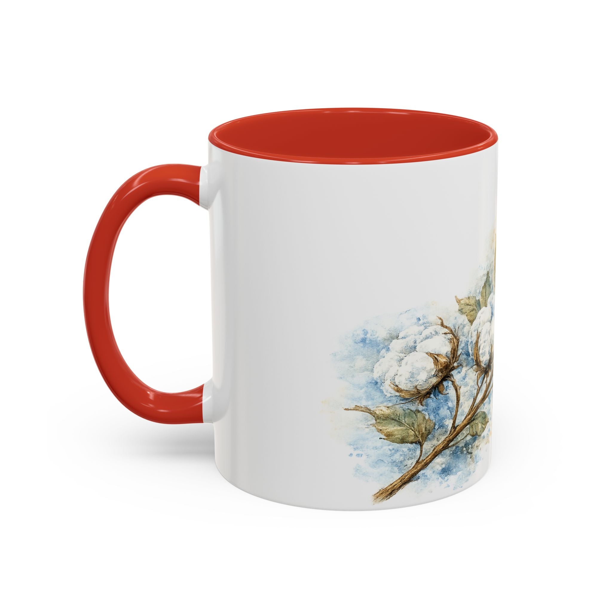 Cotton Branch Accent Coffee Mug — 11/15oz Ceramic Mug with Watercolor Cotton Floral Design