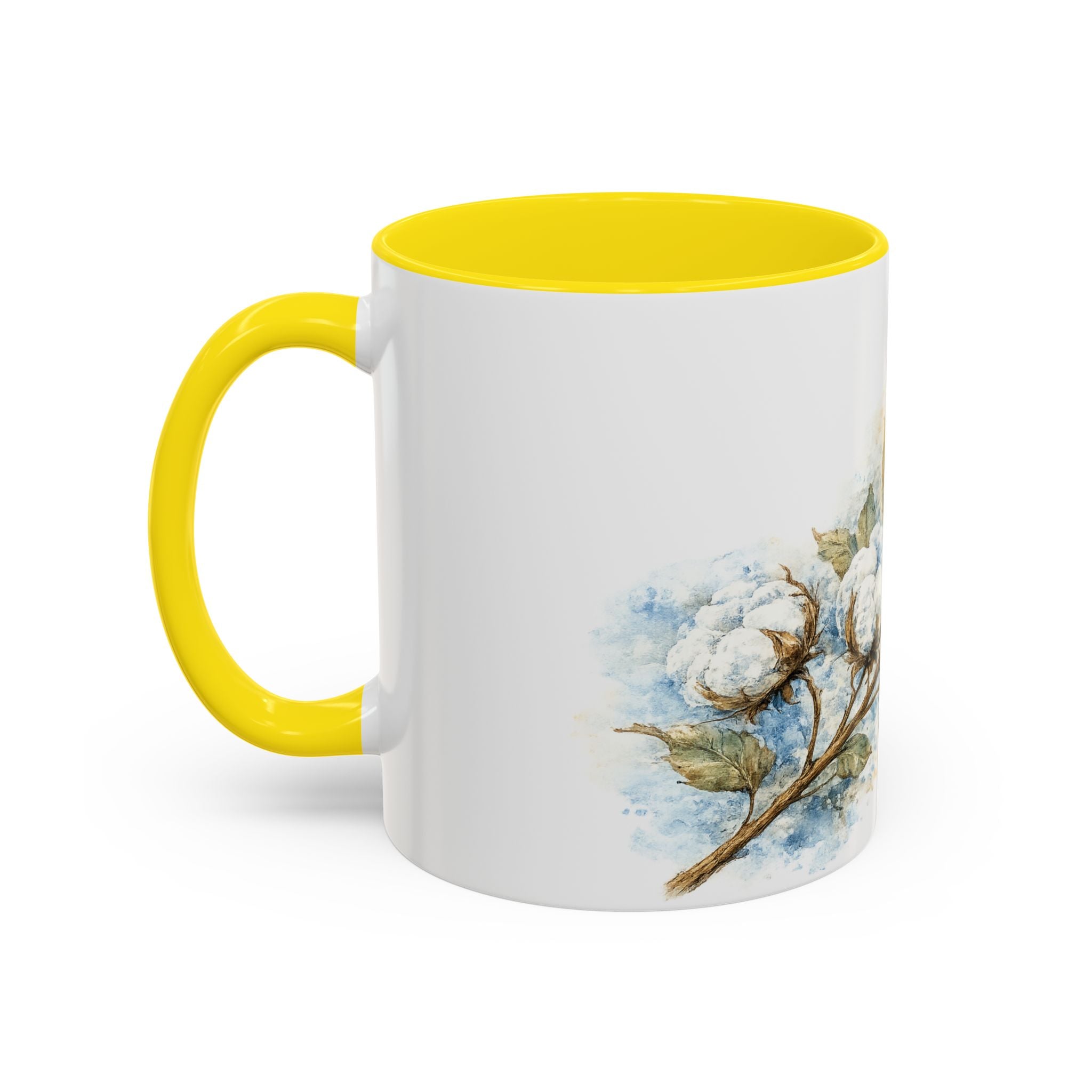 Cotton Branch Accent Coffee Mug — 11/15oz Ceramic Mug with Watercolor Cotton Floral Design